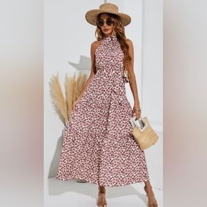 Halter Neck Maxi Lightweight Dress in Pink & Ivory Floral Print.